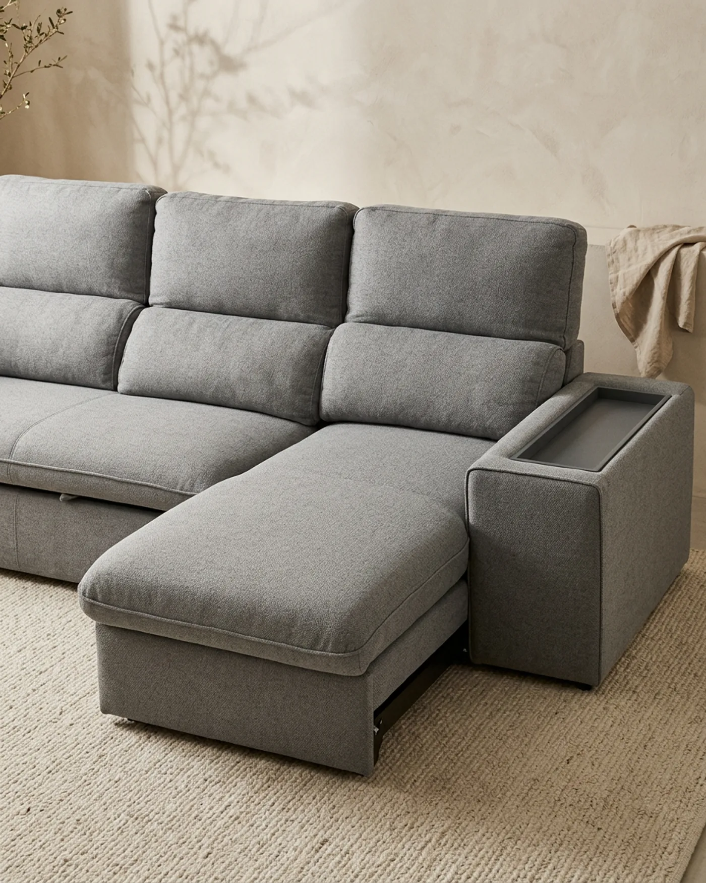 Sofá Chaise Longue Gris con Cama Abatible y Reposabrazos con Bandeja - imagen 1