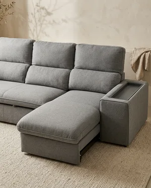 Sofá Chaise Longue Gris con Cama Abatible y Reposabrazos con Bandeja - miniatura 1