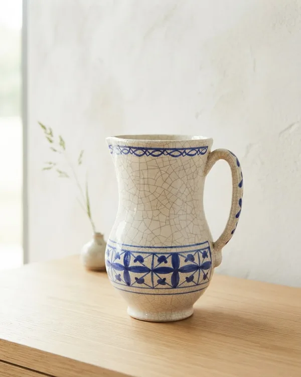 Jarrón de porcelana con decoración azul y efecto craquelado