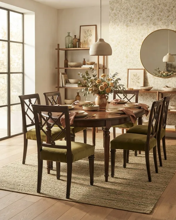 Juego de 6 Sillas de Comedor en Madera Oscura y Tapizado Verde