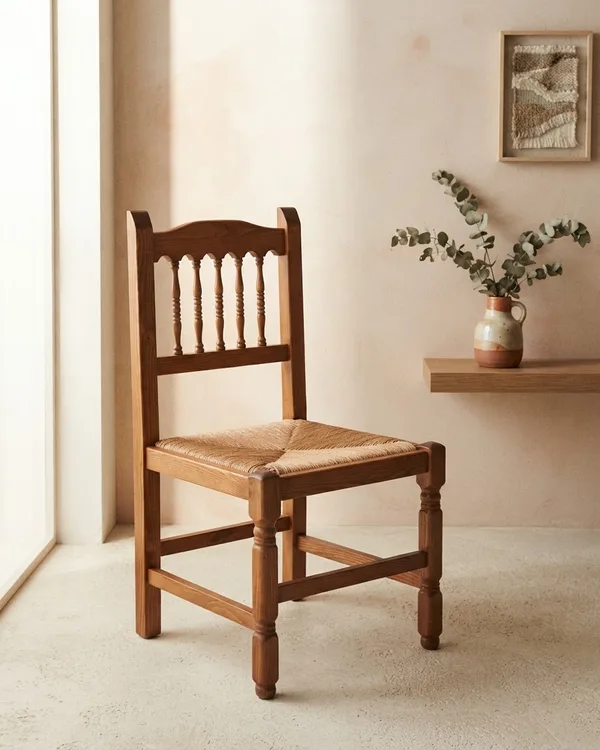 Juego de 4 sillas de madera con asiento de mimbre