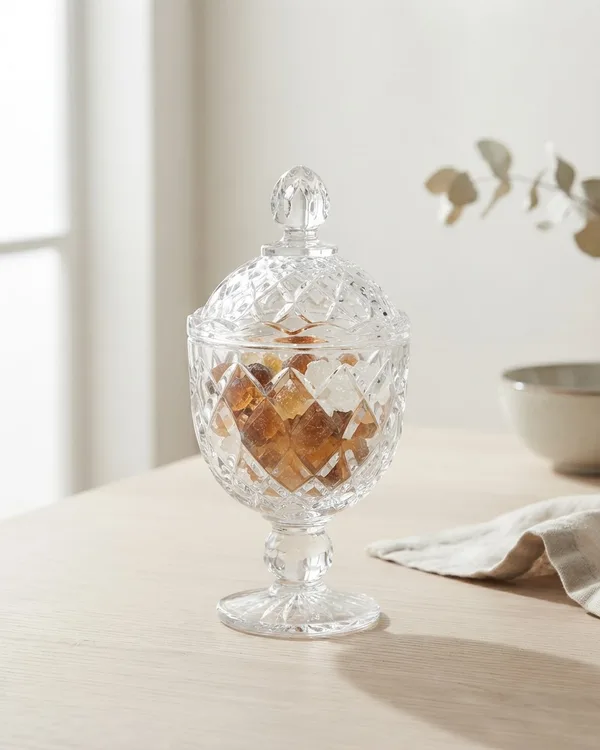 Bombonera de cristal tallado con tapa y pie