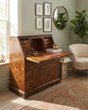 Secretario o Escritorio Tipo Bureau en Madera de Nogal con Marquetería - miniatura 1