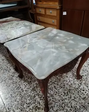 Mesa Centro de Mármol Verde con Base de Madera Tallada - miniatura 2