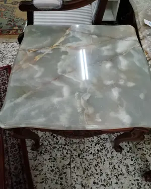 Mesa Centro de Mármol Verde con Base de Madera Tallada - miniatura 3