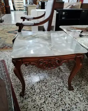 Mesa Centro de Mármol Verde con Base de Madera Tallada - miniatura 4
