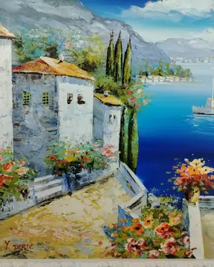 Óleo sobre lienzo puerto con casa - miniatura 2